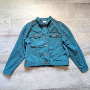 Saint Germain Women Studs Denim Jacket Green Vintage Made In USA Size Medium M